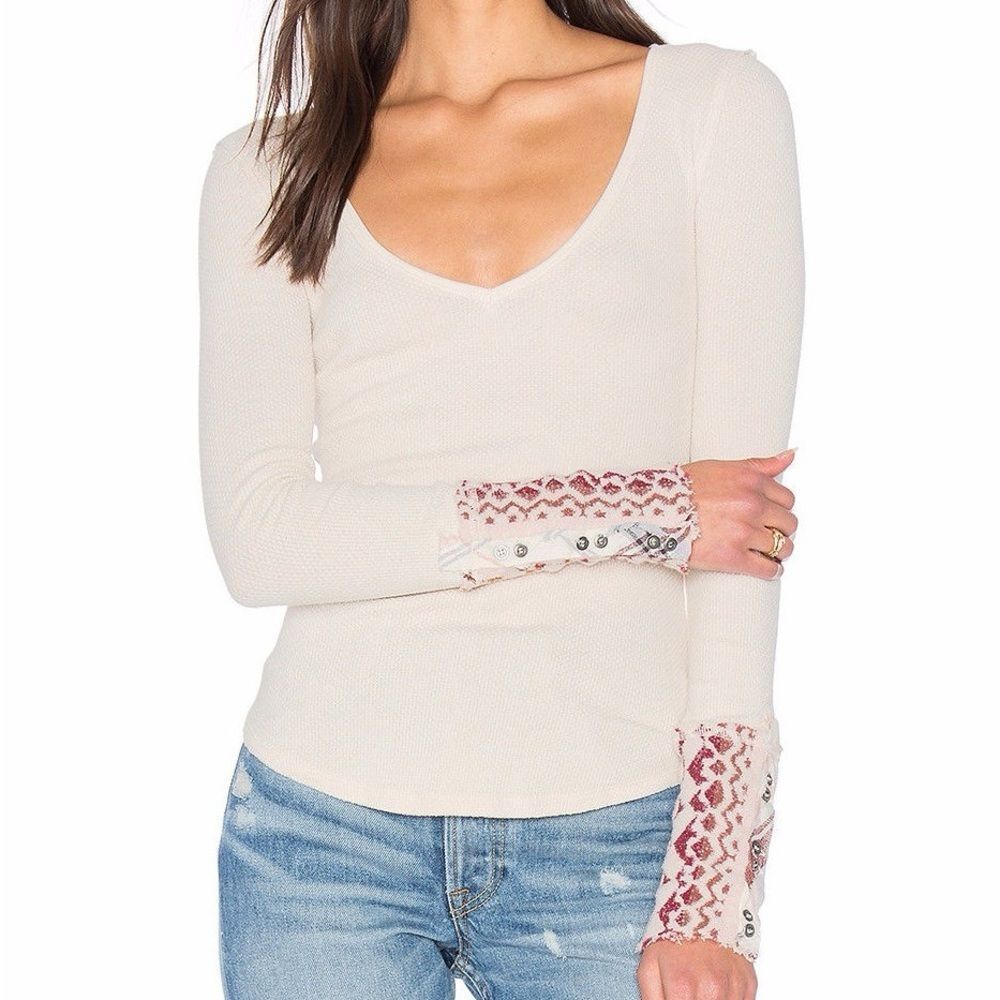 Free People Cream Long Sleeve Top with Pink Accents